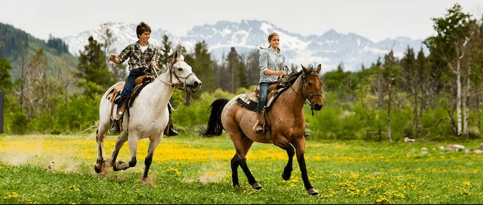 Confident plus-size woman riding Uttoxeter a horse through a field with a smile on her face.